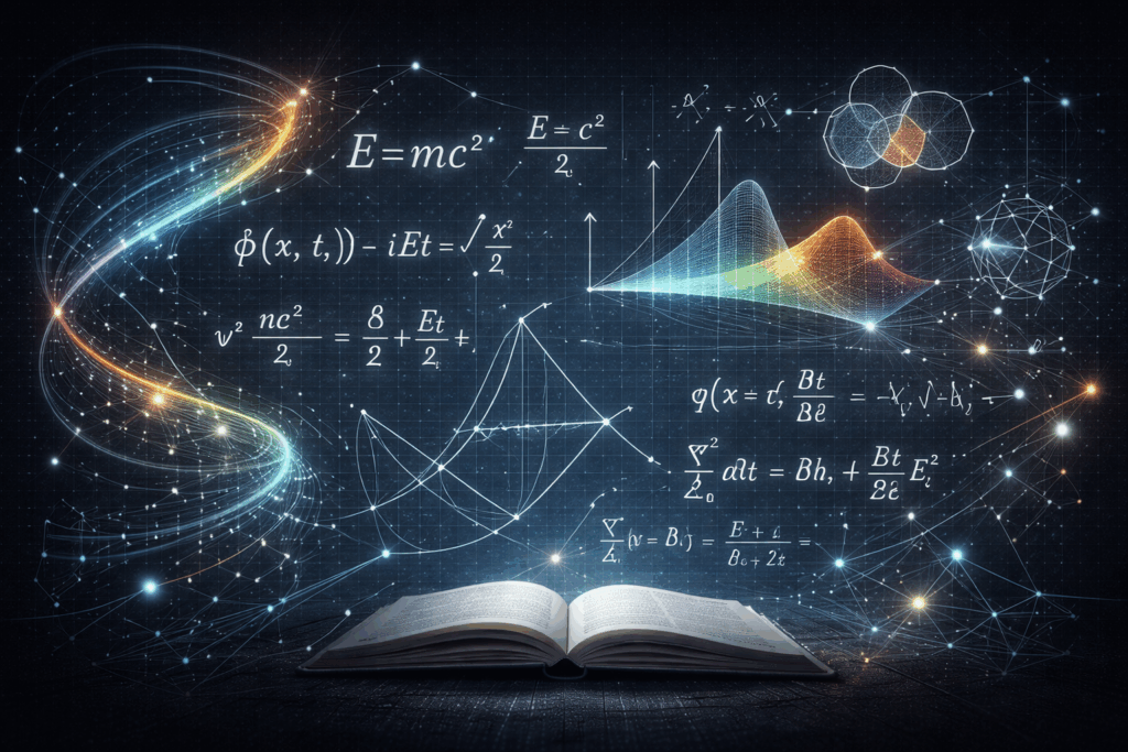 Abstract visualization of physics and mathematics concepts with equations, graphs, and waveforms representing learning and problem-solving in science.
