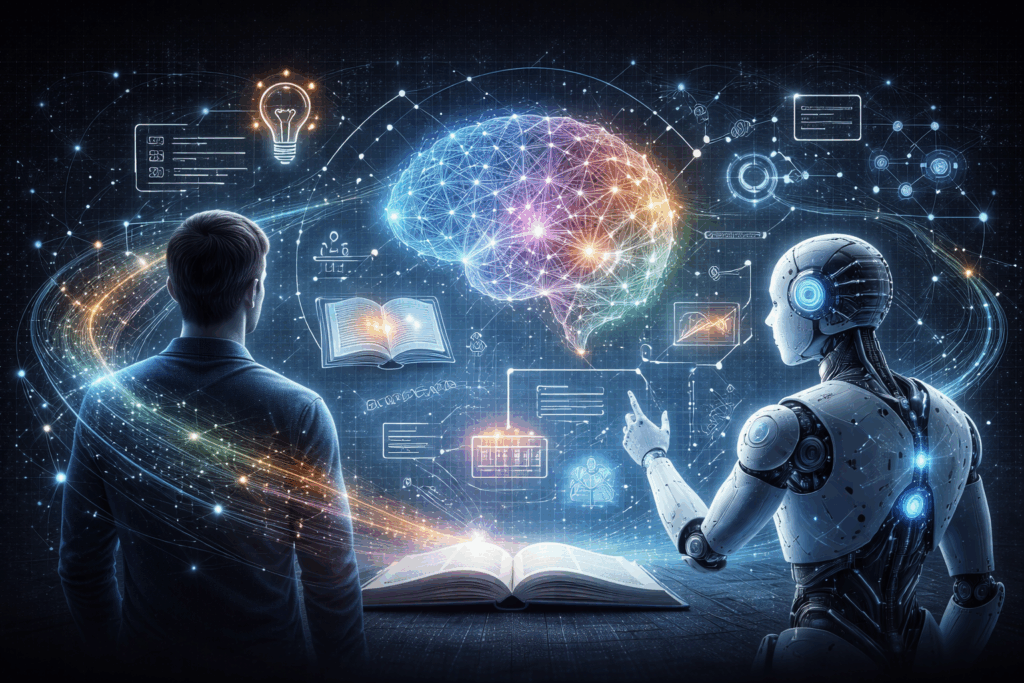 Abstract representation of agentic artificial intelligence supporting education, showing human–AI collaboration, structured reasoning, and guided learning processes.
